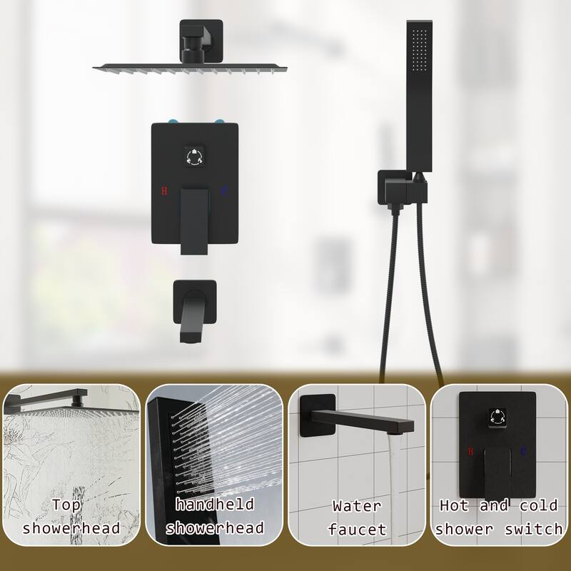 Matte Black Concealed Shower System with 9.7” Rainfall Shower Head, Handheld Shower & Tub Spout