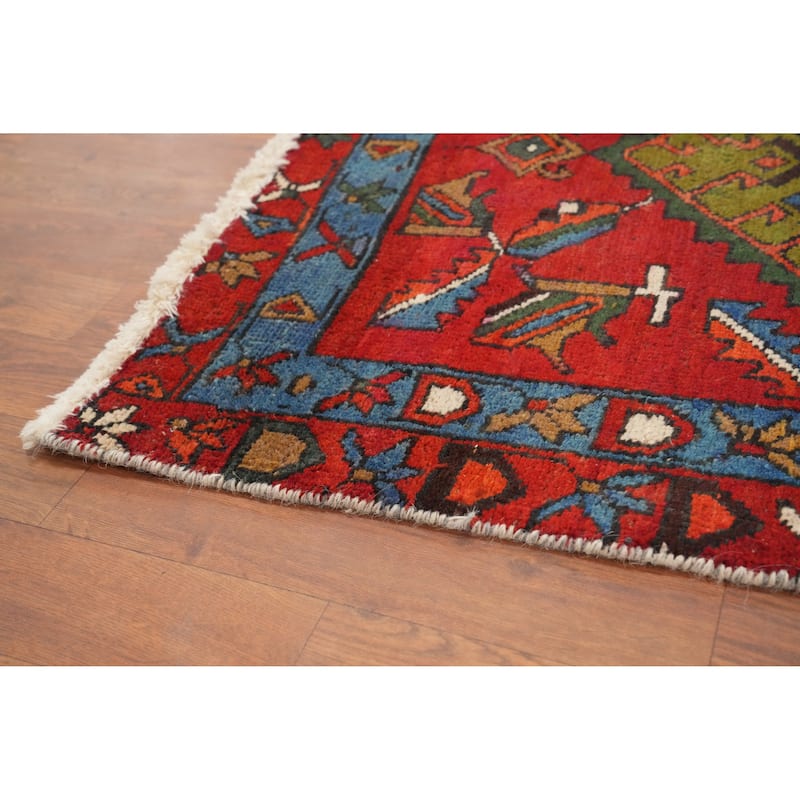 Hand Knotted Oriental 100% Wool Carpet Traditional Geometric Red Heriz Runner Rug - 10' 0'' X 2' 11''