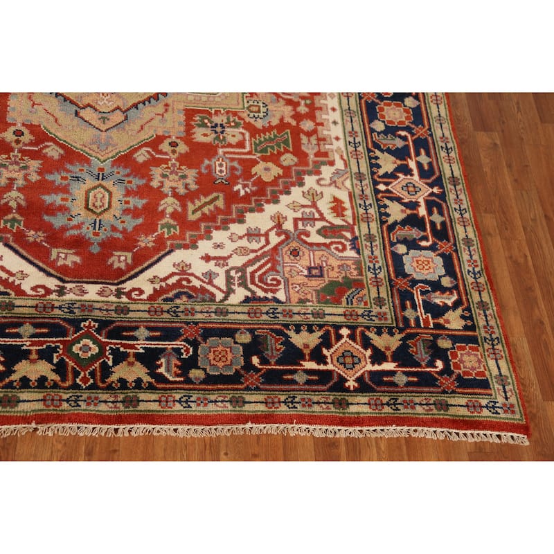Medallion Heriz Serapi Indian Rug Hand-Knotted Oriental Wool Carpet - 7'11" x 9'9"