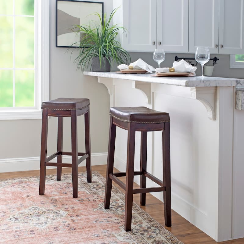 Linon Willamette Backless Barstool with Faux Leather Seat (Set of 2) - Brown/Brown