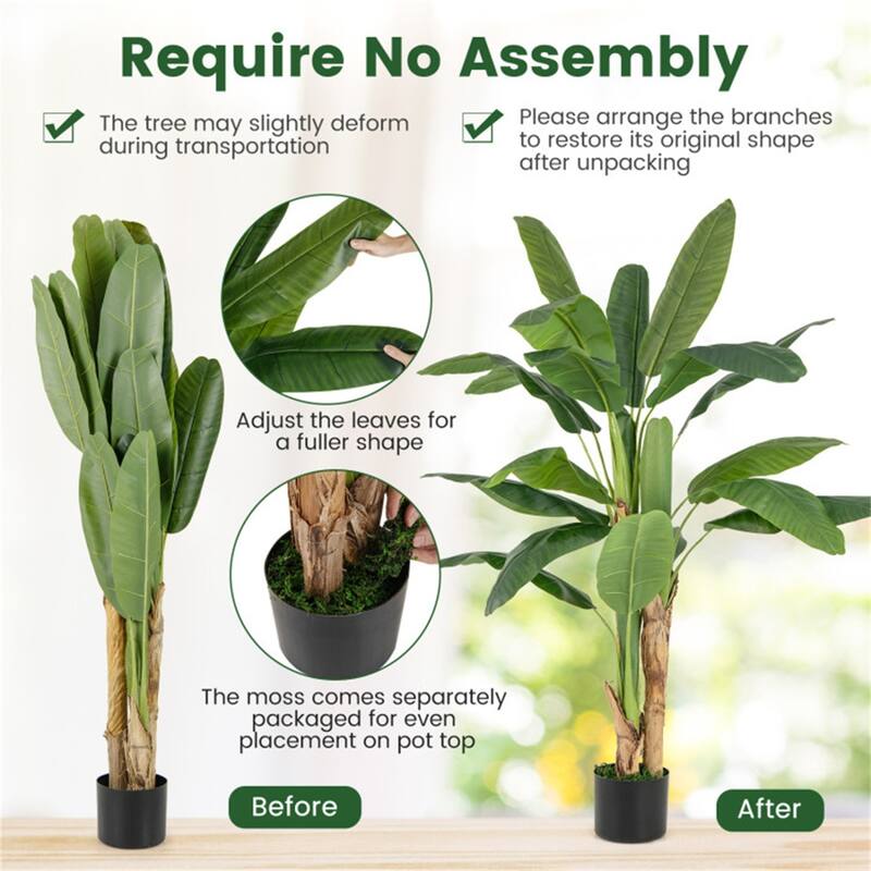 63" Artificial Banana Leaf Tree with Realistic Polyester Leaves and Cement Pot for Home Decor - 63"H