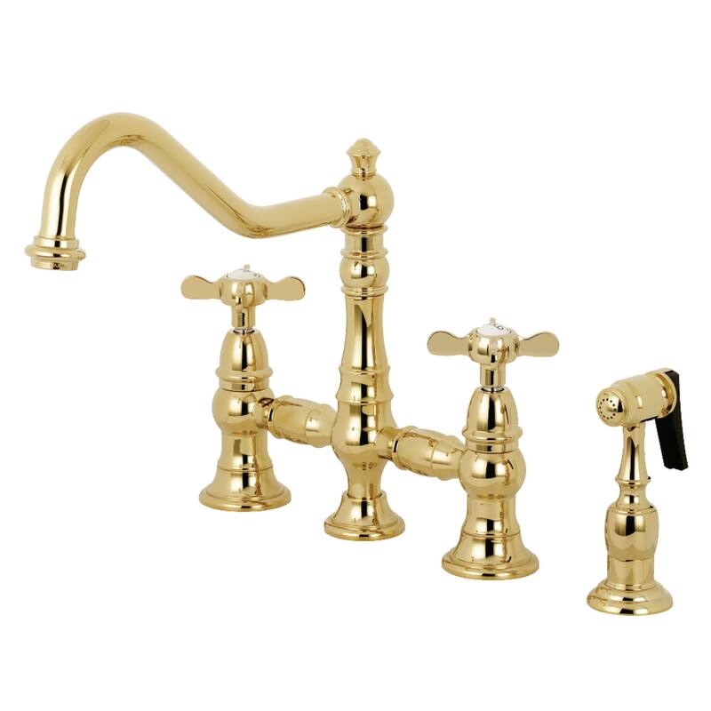 Kingston Brass Essex Two-Handle 4-Hole Deck Mount Bridge Kitchen Faucet with Brass Side Sprayer - Polished Brass