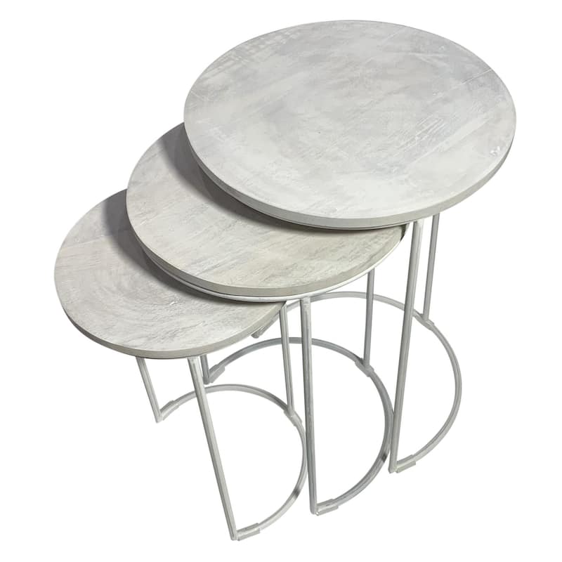 HomeRoots Set of Two White Solid Wood and Metal Round Frame Nested Tables - 17.5 in. x 25 in. x 17.5 in.