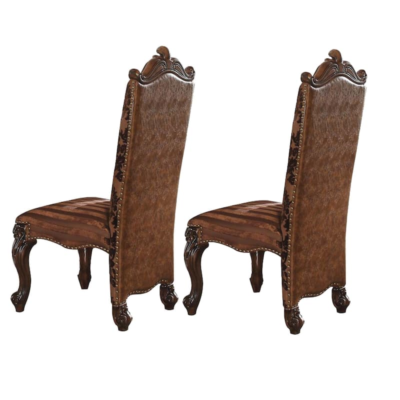 Faux Leather Upholstered Wooden Side Chair with Scrolled Carvings, Brown, Set of 2
