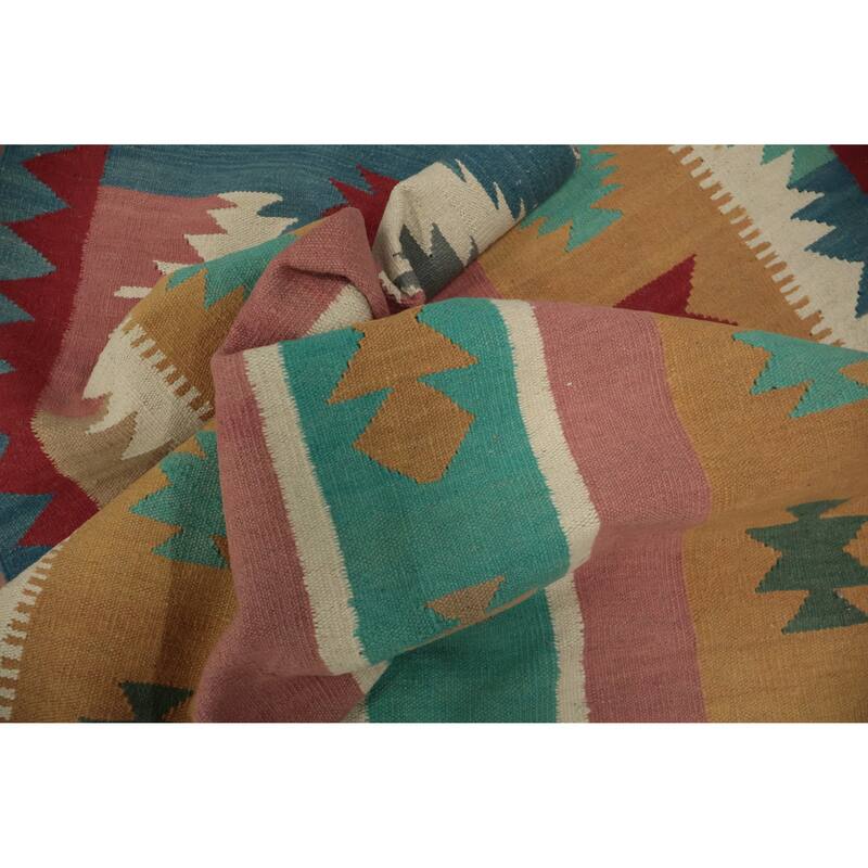 Hand Woven Oriental 100% Wool Carpet Southwestern Tribal Multi-Colored Kilim Runner Rug - 14' 6'' X 4' 9''
