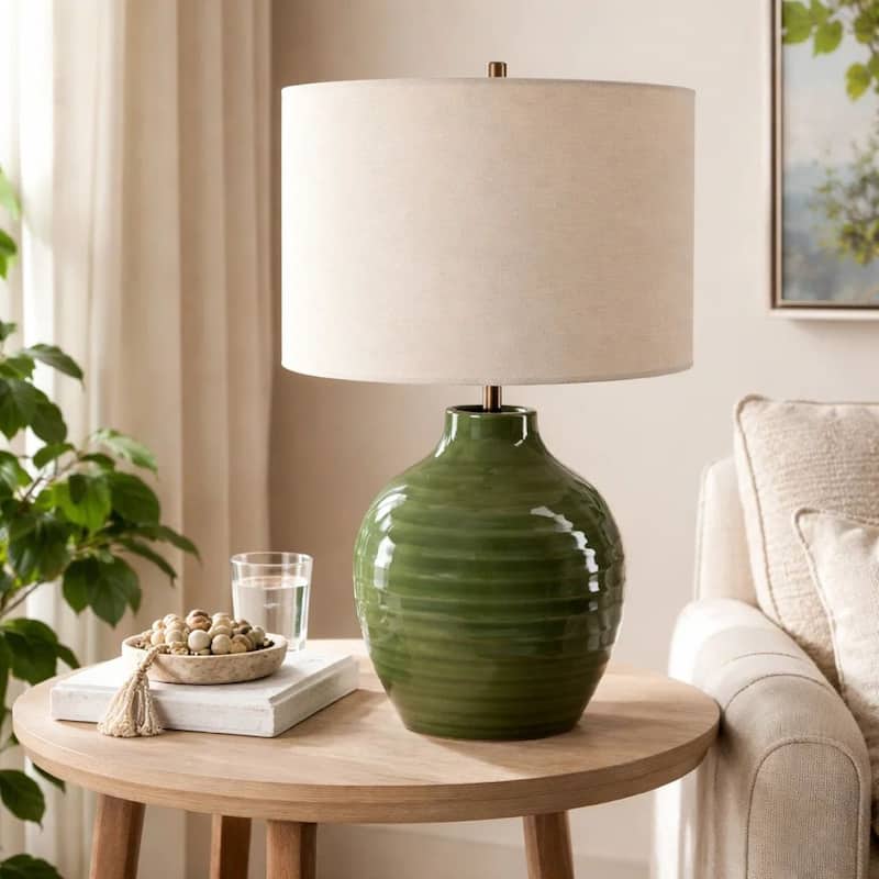 Table Lamp, Moss Green Textured Ceramic and Beige Linen Shade, 23 Inch