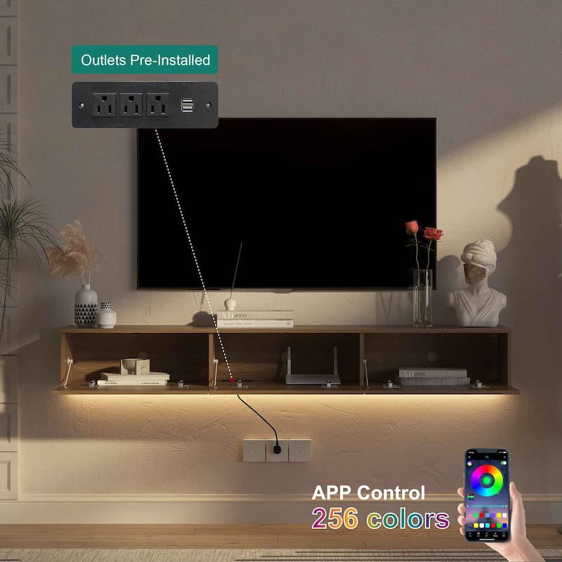 67" Floating TV Stand Wall Mounted Media Console with 16-Color LED Lights, Modern Entertainment Center