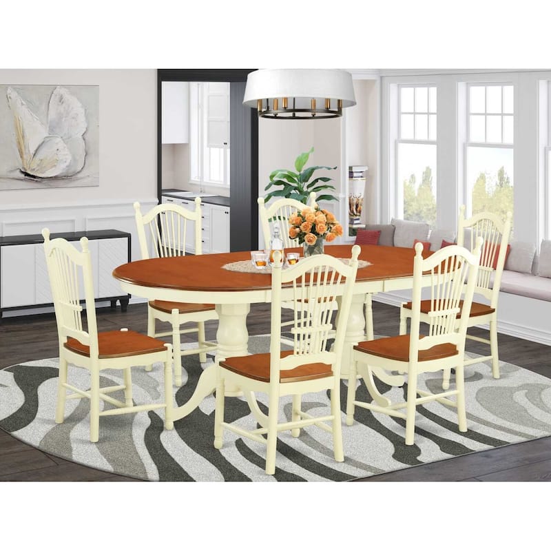 9 Piece Dining Room Set, Oval Kitchen Table with Butterfly Leaf and 8 Chairs, Buttermilk & Cherry Finish, 42x78 Inch