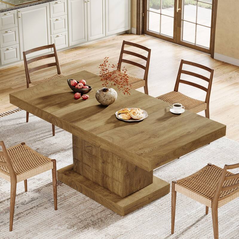 63'' Wood Rectangular Kitchen Dining Table with Pedestal for 4-6