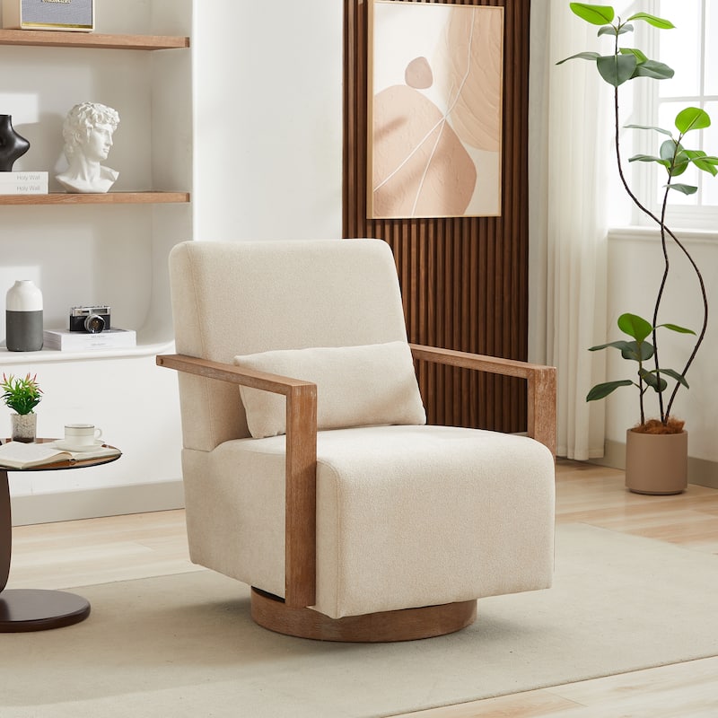 360 Degree Swivel Accent Chair with Solid Wood Armrest and Base