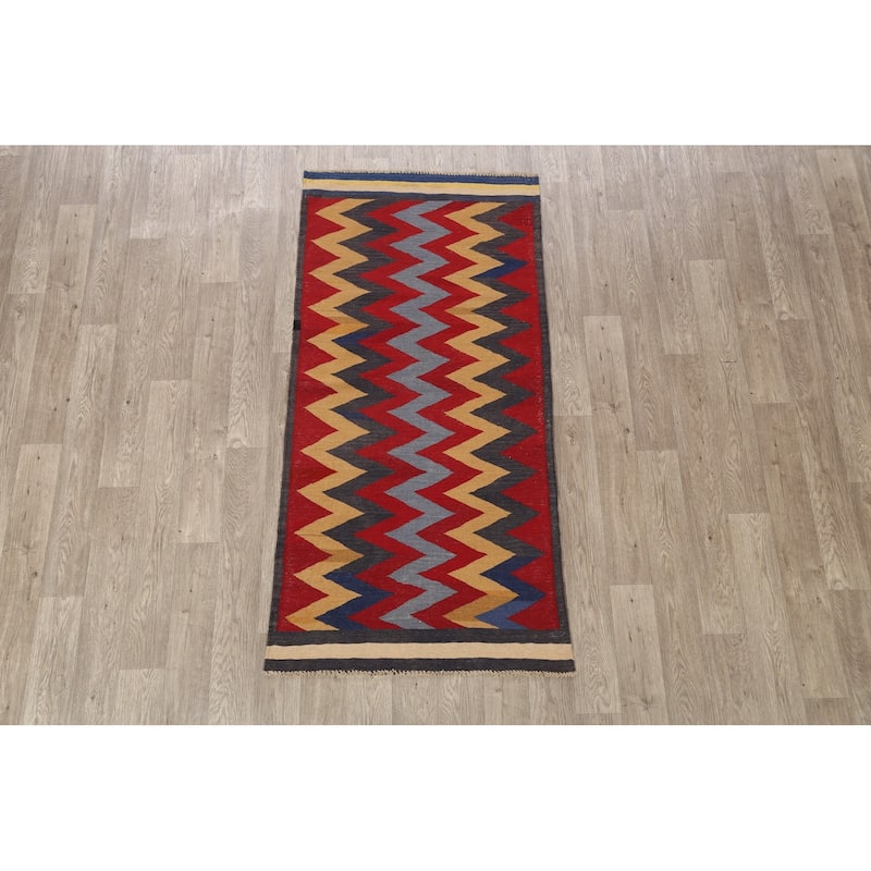 Geometric Chevron Kilim Oriental Kitchen Area Rug Wool Hand-woven - 3'1" x 6'3"