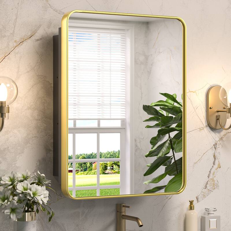 KEONJINN Medicine Cabinets for Bathroom with Mirror, Stainless Steel 1-3 Framed Doors - 20''x26'' - Gold