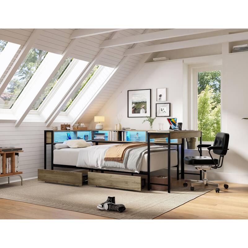 GDFStudio - Modern Corner Bed Frame with Bookcase, 2 Underbed Storage Drawers, LED Lighting & Charging Station