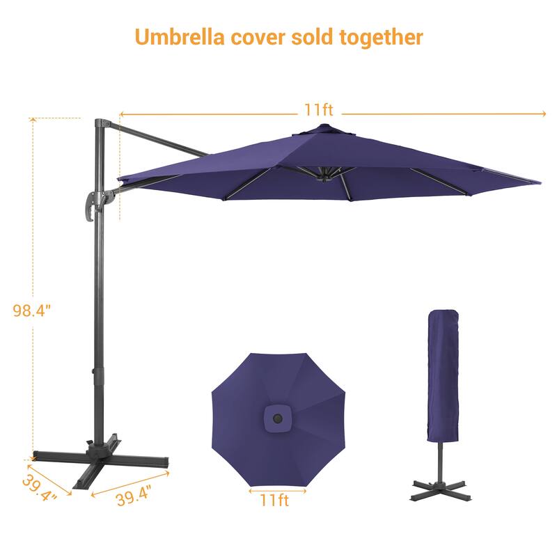 LIVOOSUN 11FT Cantilever Patio Umbrella 240g Solution-Dyed Fabric
