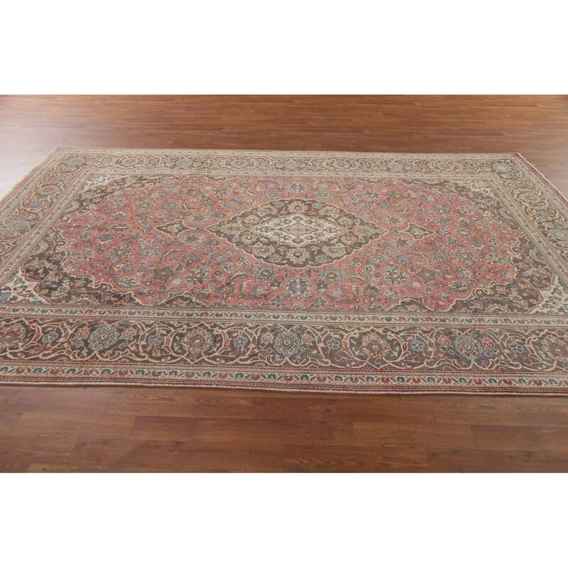 Pink Mashad Vintage Persian Area Rug Handmade Wool Carpet - 6'5" x 10'0"