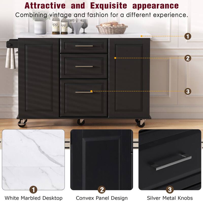 50.7" Kitchen Island with Storage Tilt Trash Can Cabinet and Pull Out Cabinet Organizer, Rolling Kitchen Island with Drop Leaf