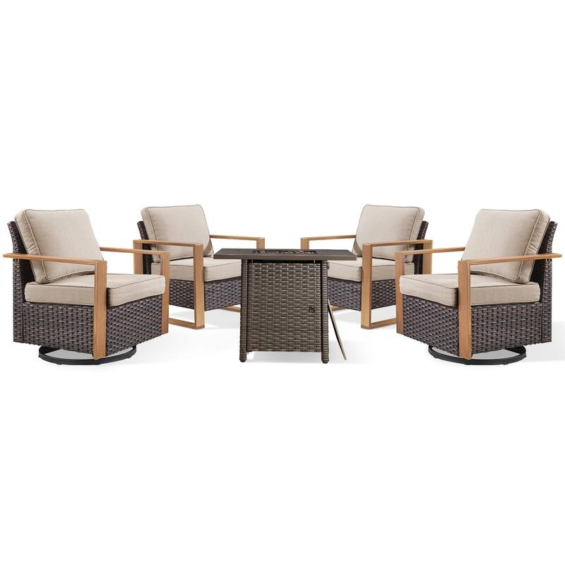 Meyreso 5-Piece Wicker Patio Conversation Set with Fire Pit & Plush 4.5" Olefin Cushions