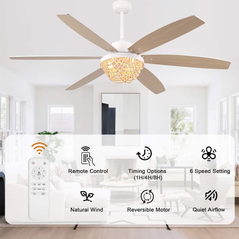 Bella Depot 65" Bohemia Large White Ceiling Fan with Light and Remote 6-Speed Modern Chandelier Fan Wood Bead Shade