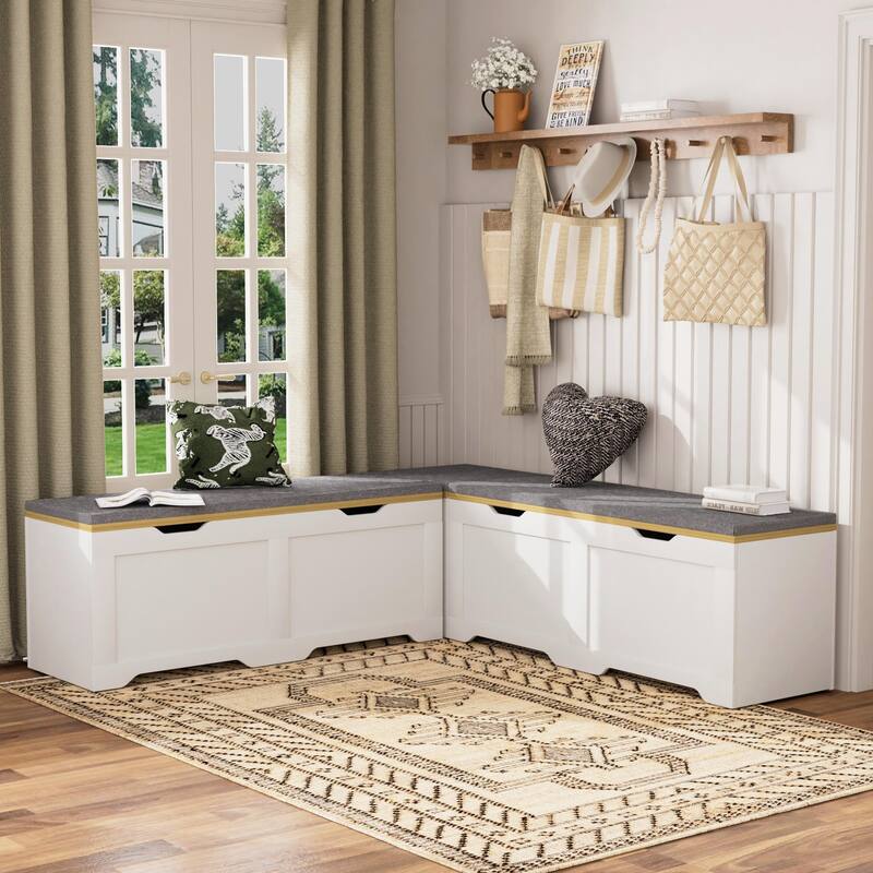 3-Piece L Shaped Corner Bench Set with Hidden Storage, 63" Kitchen Nook Seating, Wood Entryway Shoe Bench with Flip-Top