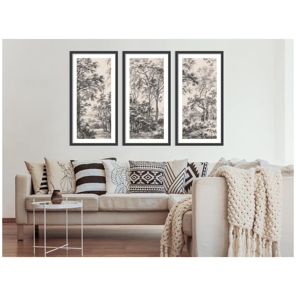 Kate and Laurel Wooded Landscape after 1648 Antonie Waterloo Linen Panel 3 Piece Framed Wall Art Print Set by Nostalgia Prints