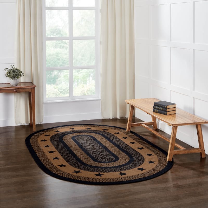 Farmhouse Jute Rug Oval Stencil Stars w/ Pad 60x96 - 3'6" - 3'6" - Black