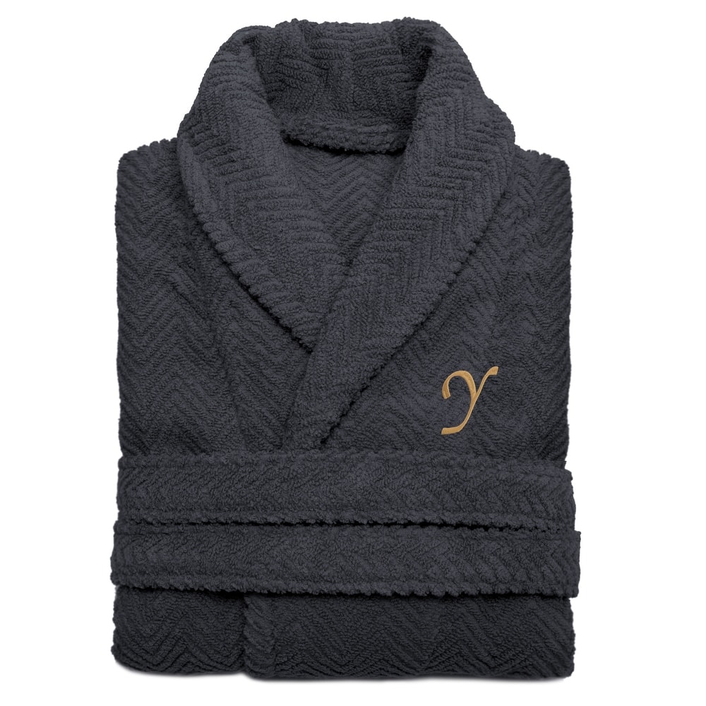 Authentic Hotel and Spa Charcoal Grey with Gold Monogrammed Herringbone Weave Turkish Cotton Unisex Bath Robe