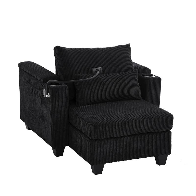 Convertible Sleeper Sofa Chaise Lounge with Movable Backrest, Corduroy Reading Chair with USB Ports, Cup Holders & Phone Holder