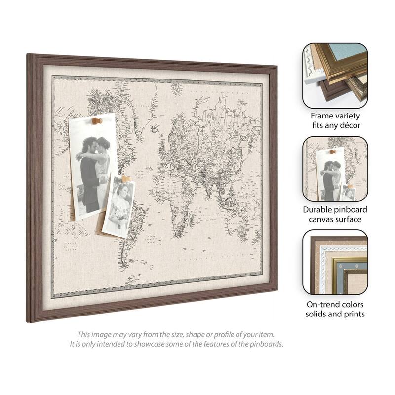 Kate and Laurel Framed Fabric Pinboard Vintage Black and White Linen World Map Wall Organization