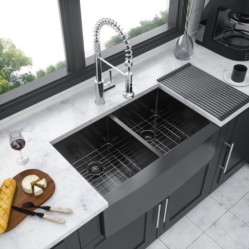 Farmhouse 16 Gauge Double Bowl Stainless Steel Kitchen Sink in Gunmetal Black