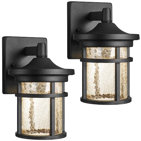2-Pack Black Integrated LED Outdoor Wall Light Lantern Sconces with Crackle Glass Shade - 8.7"H