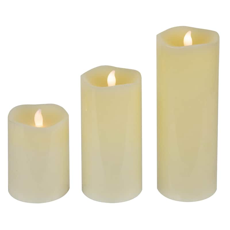 LED Flickering Flameless Wax Pillar Candles - 8" - Cream - Set of 3