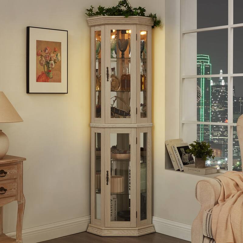 Lighted Corner Curio Cabinet Glass Display Shelf Tempered Doors Adjustable Shelving White