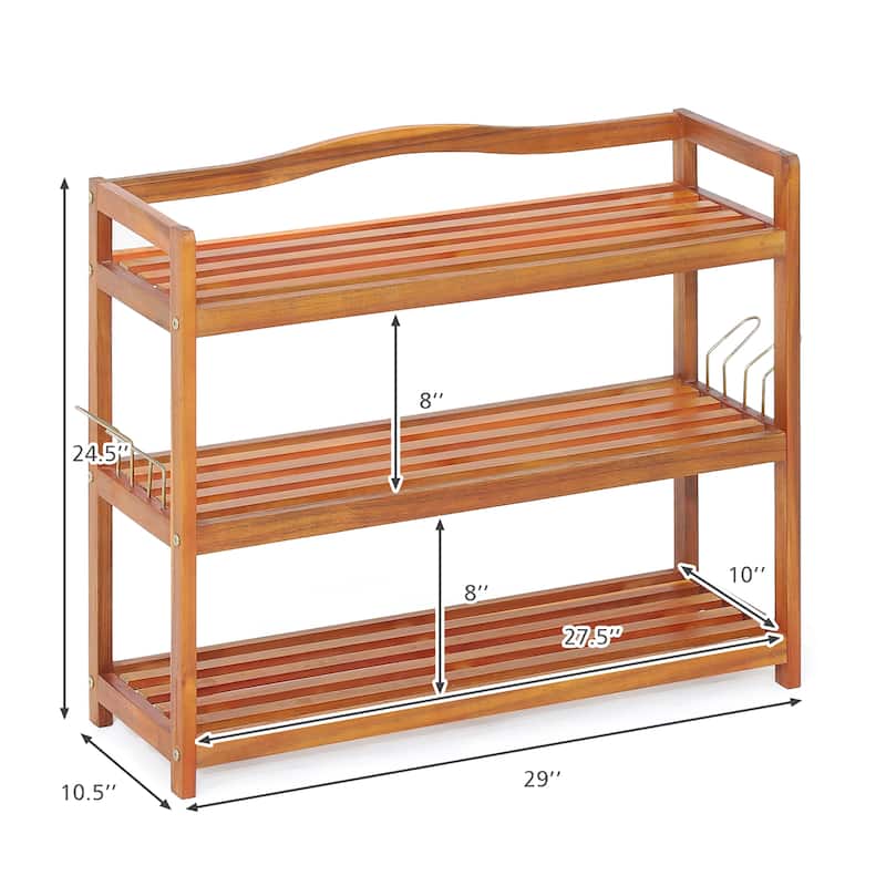 Costway 3-Tier Wood Shoe Rack Solid Acacia Wood Shoe Shelf with Side