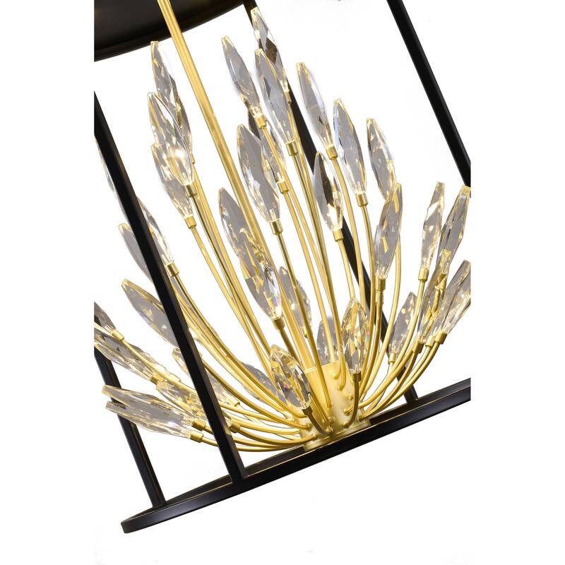 4-Light Matte Black Pendant With Gold Branches And Clear Crystals