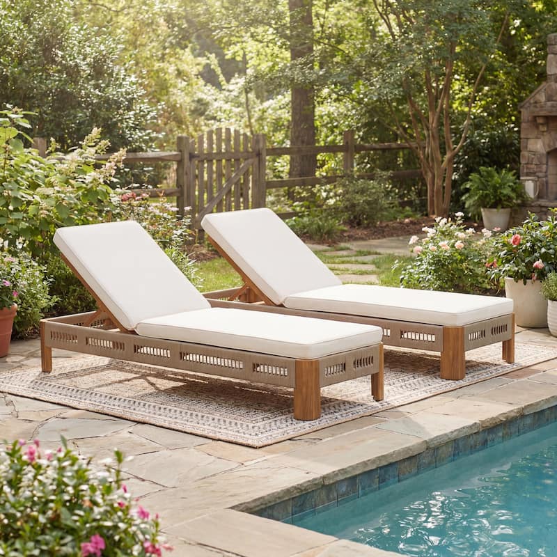 Christopher Knight Home - Ellery Acacia Wood Outdoor Adjustable Chaise Lounge with Cushion & Handwoven Rope Accents - Set of 2+Teak Finish+Grey+Cream