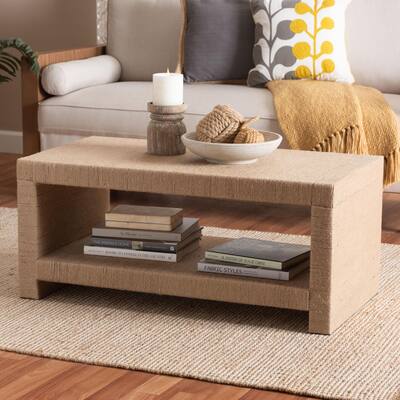 Adaya Handwoven Jute Coffee Table - Rectangular Living Room Table with Open Shelf, Handcrafted Boho Accent Furniture