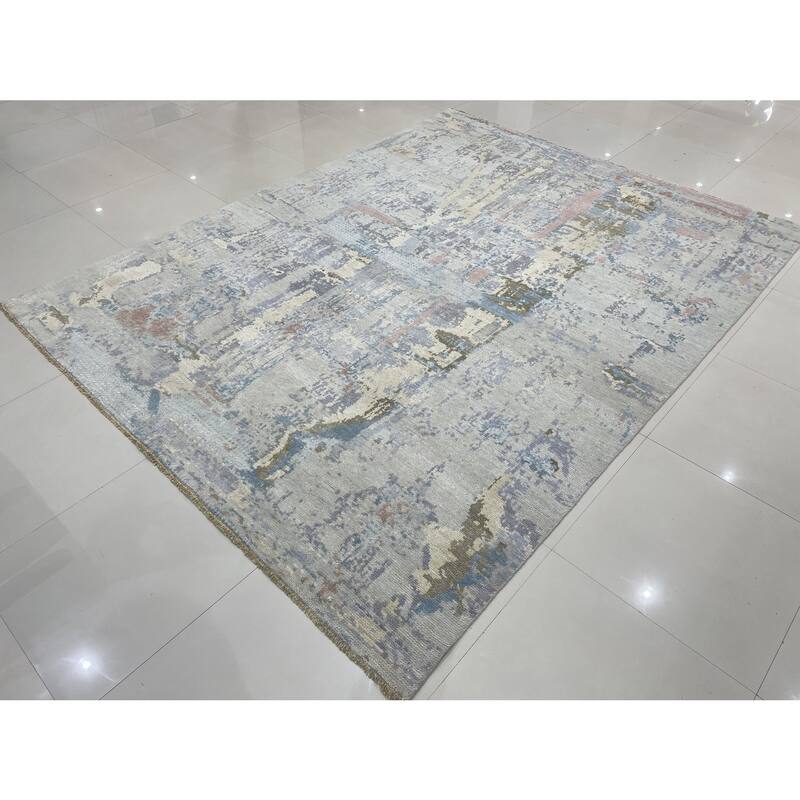 Hand-Knotted Wool Rust/S.Blue Area Rug, 9' x 12', Luxurious Soft Texture for Bedrooms or Living Rooms - L