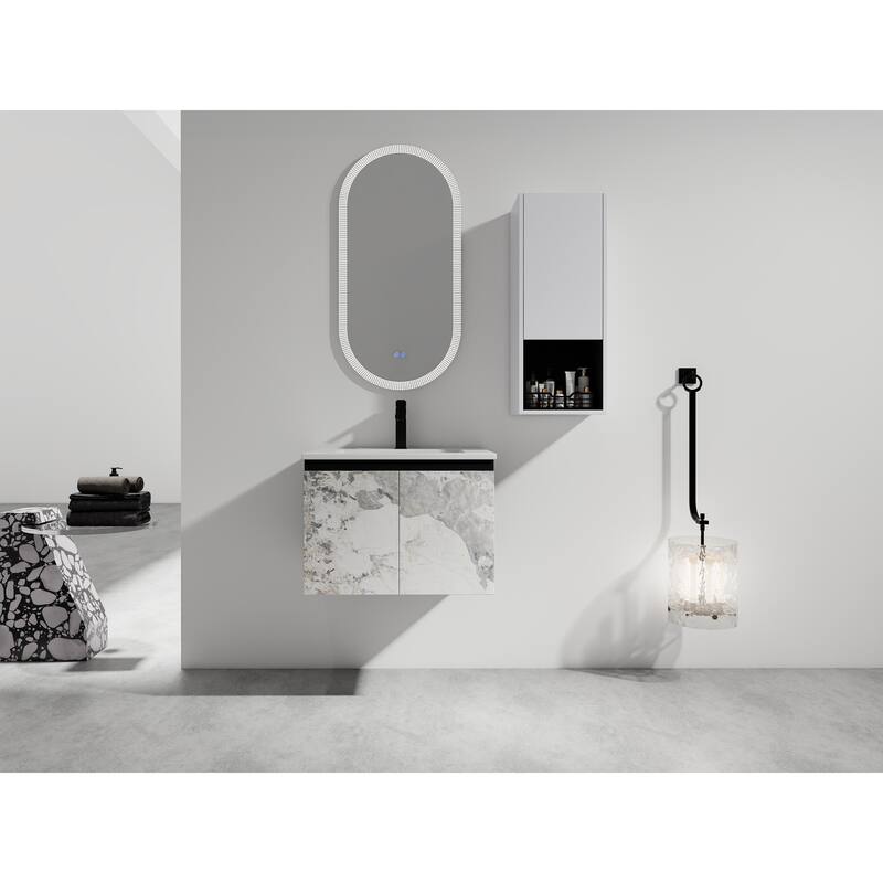 24" Wall-Mounted Bathroom Vanity with Ceramic Sink and Soft-Close Doors, Side Cabinet for Extra Storage