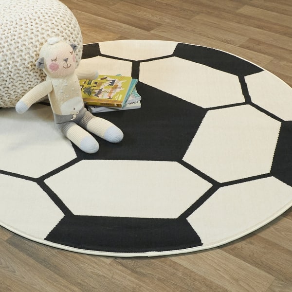 slide 2 of 5, Mod-Tod Soccer Kids Area Rug - 3'11" Round 3'11" Round - Black