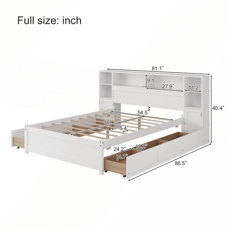 White Wooden Storage Bed with Tall Extended Bookcase Headboard and Charging Station for Teens Adults