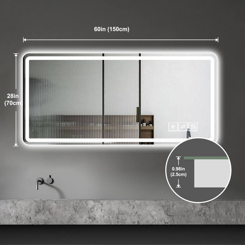 28 * 60inch LED Bathroom Vanity Mirror ,wall mirror,Anti-Fog, Dimmable,Shatter-Proof Tempered Glass - Silver
