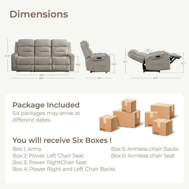 Spruce & Spring Genuine Leather Power Reclining Sofa with Wireless Charging