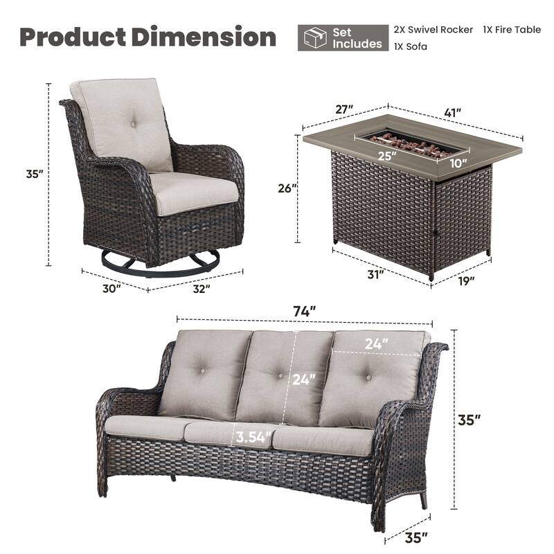 Gymojoy 4-Piece Outdoor Wicker Patio Furniture with Fire Pit Table, Rattan Coversation Set with Water Resistant Thick Cushions