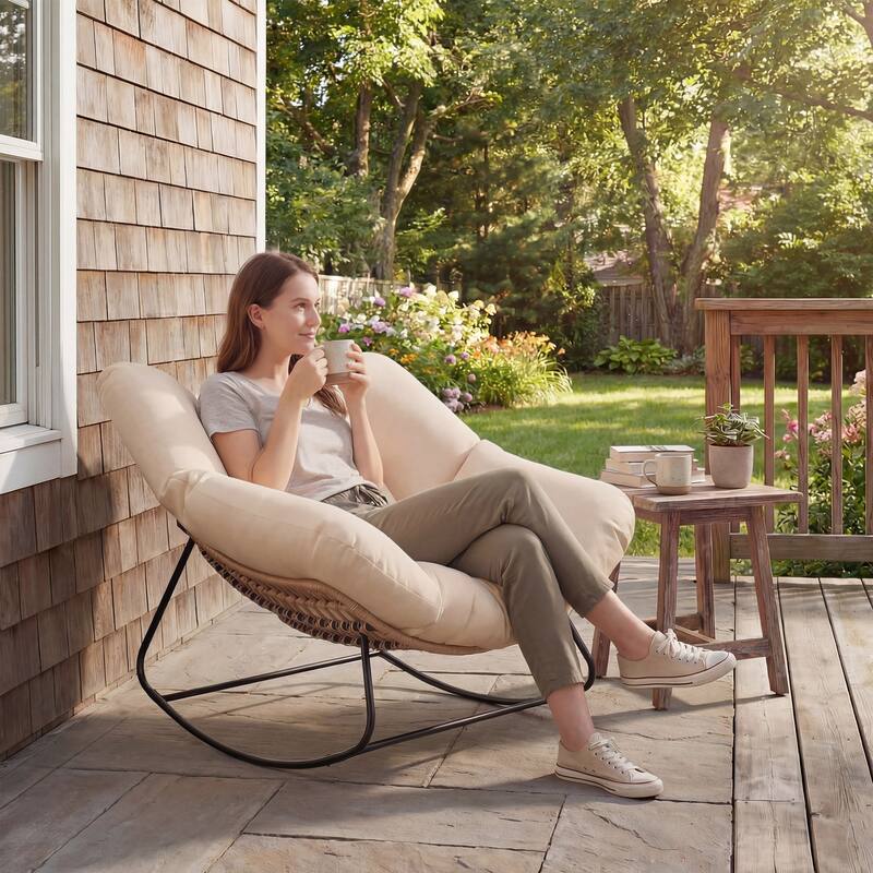 Outsunny Papasan Rocking Chair, Wicker Oversized Indoor Outdoor Rocking Chair with Cushion