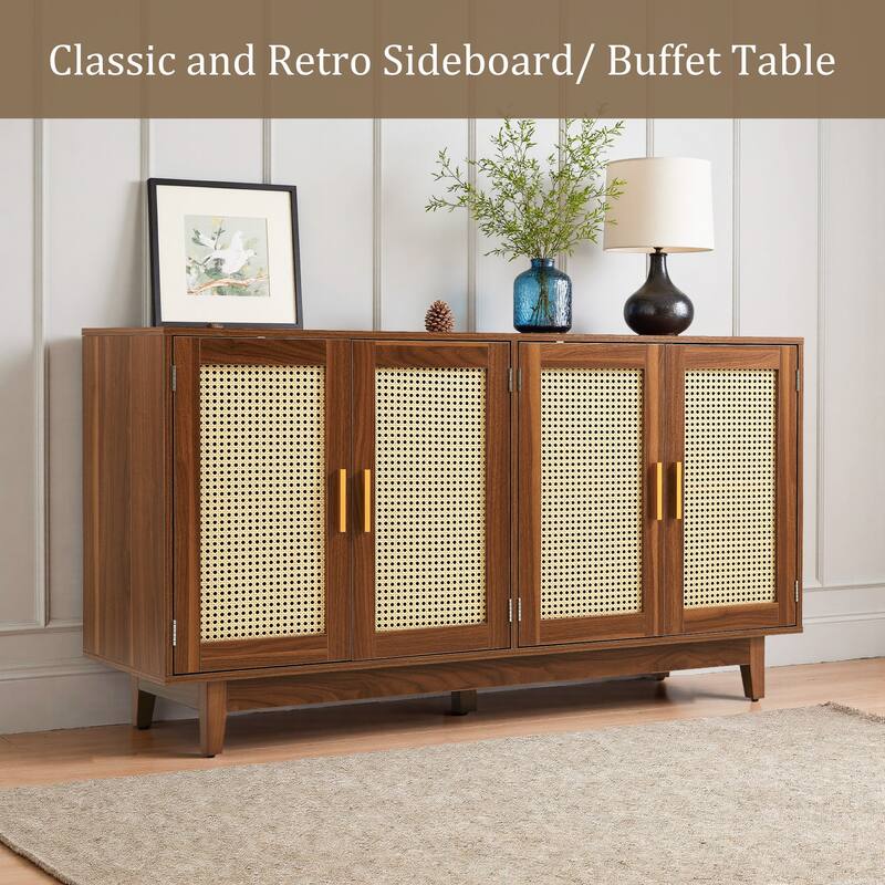 Wood TV Stand for up to 60" TVs with Four Rottan Doors