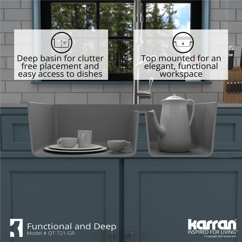 Karran Drop-In Quartz 34 in. Double Bowl 60/40 Kitchen Sink With Bottom Grids and Strainers