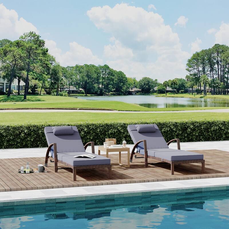 Outdoor Chaise Lounge Chairs Set of 2, Patio Rattan Reclining Chair with 5-Position Adjustable Backrest