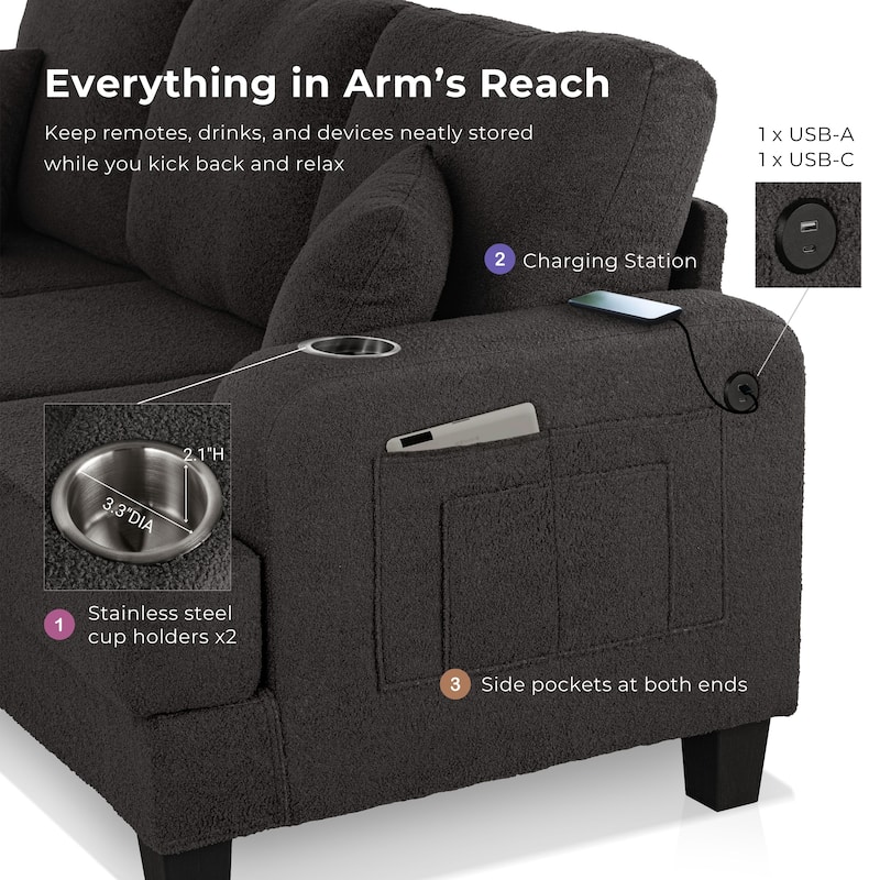 Furniture of America Xenia Modern 2-Piece Boucle Sofa Set with Cup Holders and USB Ports
