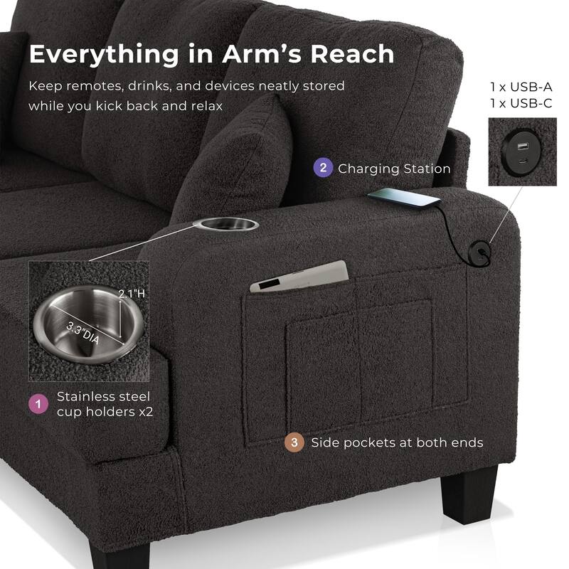 Furniture of America Xenia Modern Boucle Sofa with Cup Holders and USB Ports