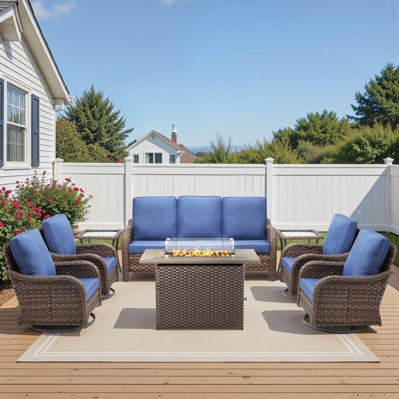 Pocassy Patio Sofa Swivel Chairs with Fire Table Funiture Set - Blue Cushion - Brown Wicker - 8-Piece Sofa Swivel Chair with Fire Pit Table